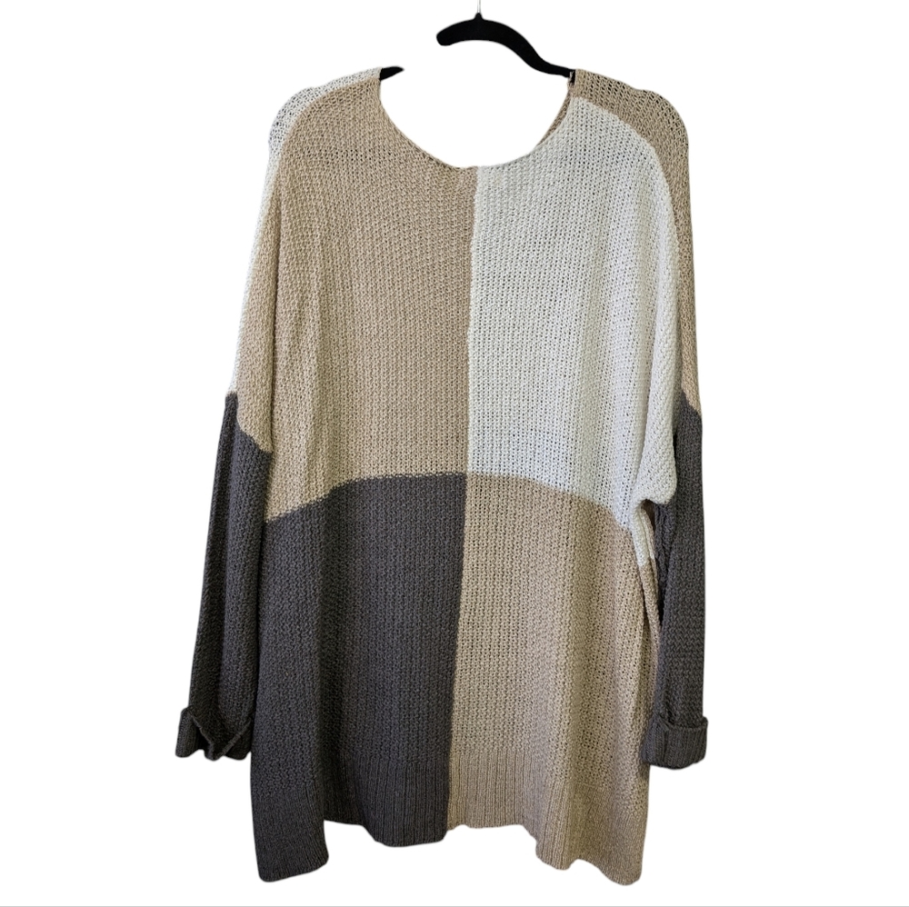 Grey, Tan And Cream Boho Crochet Knit Sweater 1X